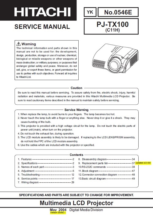 Product picture Hitachi PJ-TX 100 Projector Original Service - Repair Manual