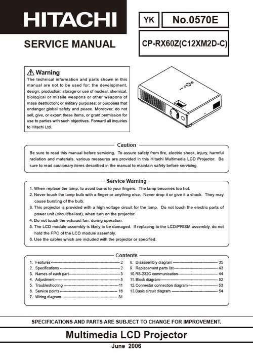 Product picture Hitachi CP-RX 60-Z Projector Original Service Repair Manual