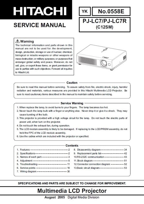 Product picture Hitachi PJ-LC-7 & LC-7R Projector Original Service  Manual 