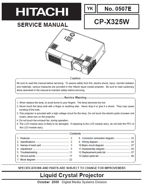 Product picture Hitachi CP-X 325 W Projector Original Service  Manual 