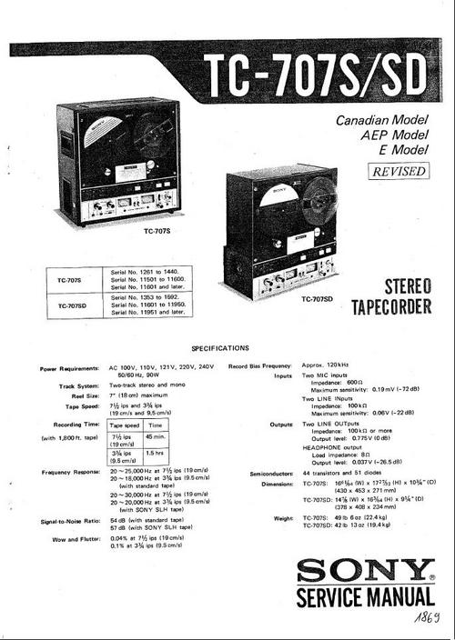 Product picture Sony  TC-707-SD reel to reel tape recorder Service Manual