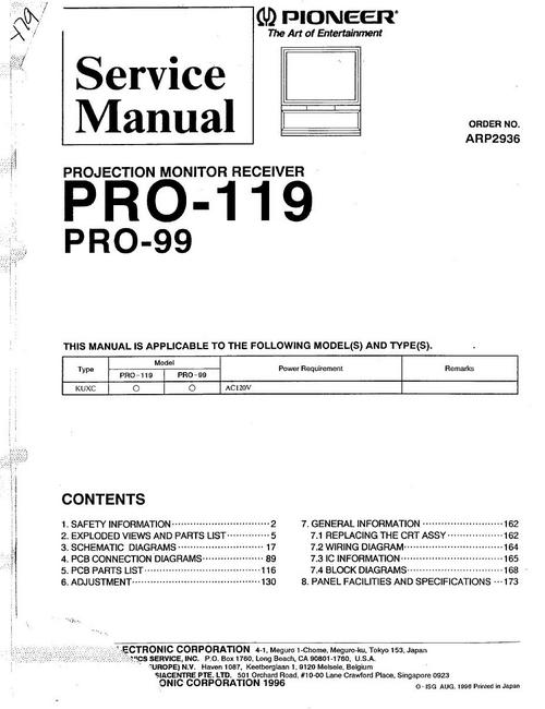 Product picture Pioneer PRO-99 Projection Monitor Receiver Service Manual