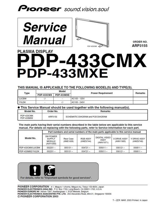 Product picture Pioneer Plasma TV PDP-433 CMX & MXE , Service Manual