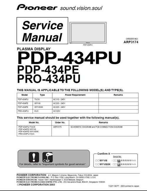 Product picture Pioneer Plasma TV PDP-434 PU & PE, Service Manual