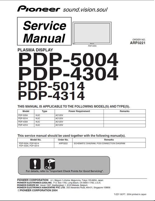 Product picture Pioneer PDP-4314 Kuro Plasma TV , Service Manual