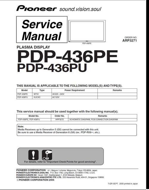 Product picture Pioneer PDP-436 PE Kuro Plasma TV , Service Manual
