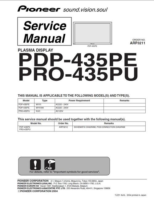 Product picture Pioneer PDP-435 PE Kuro Plasma TV , Service Manual