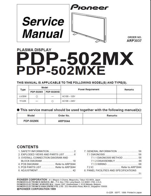 Product picture Pioneer PDP-502 MXE , ARP-3037 Kuro Plasma TV Service Manual
