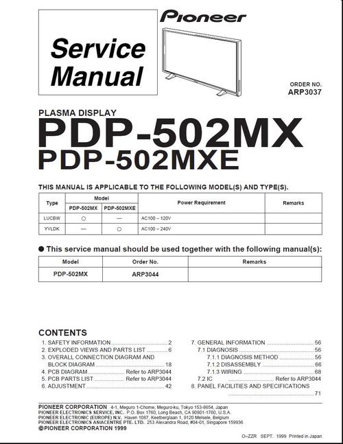 Product picture Pioneer PDP-502 MX , ARP-3037 Kuro Plasma TV Service Manual