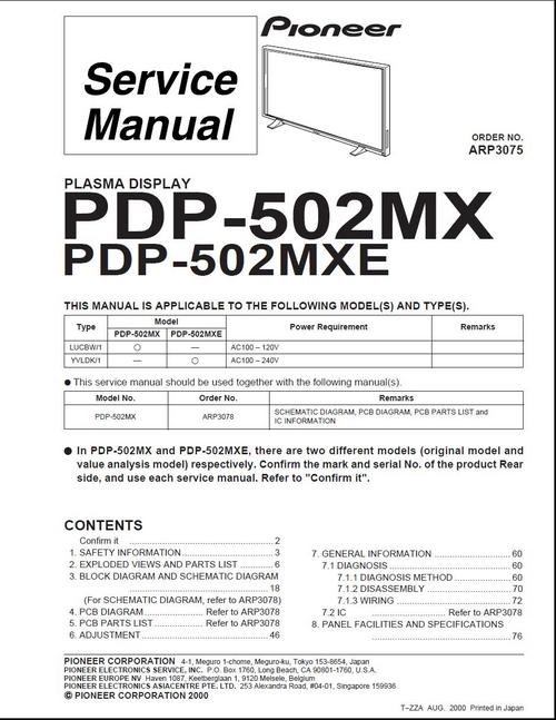 Product picture Pioneer PDP-502 MXE , ARP-3075 Kuro Plasma TV Service Manual