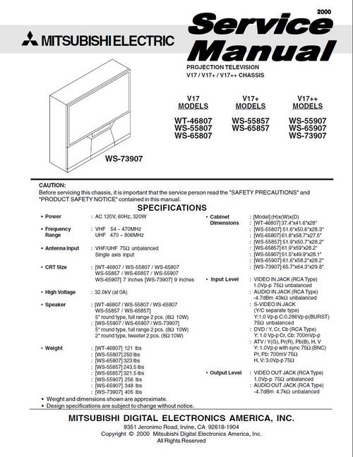 Product picture Mitsubishi WT-46807 WS-55807 WS-65807 TV Service Manual