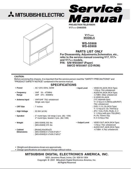Product picture Mitsubishi WS-55907 WS-65907 , V17+++ models Service Manual