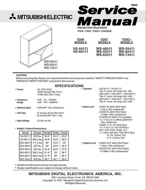 Product picture Mitsubishi WS-48311 , WS-55311 , WS-65311  TV Service Manual