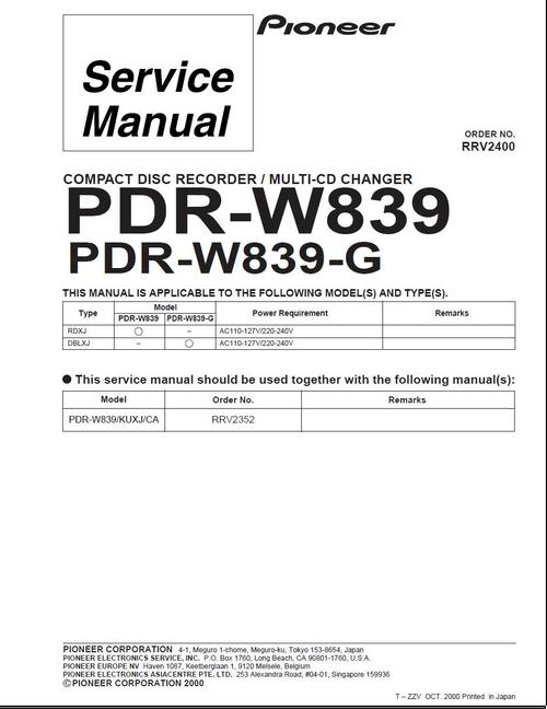 Product picture Pioneer PDR-W-839 & PDR-W-839G , Original Service Manual
