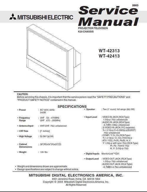 Product picture Mitsubishi WT-42313 WT-42315 WT-42413 , TV Service Manual