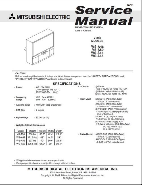 Product picture Mitsubishi WS-A48 VS-A50 WS-A55 WS-A65 , V20B Service Manual