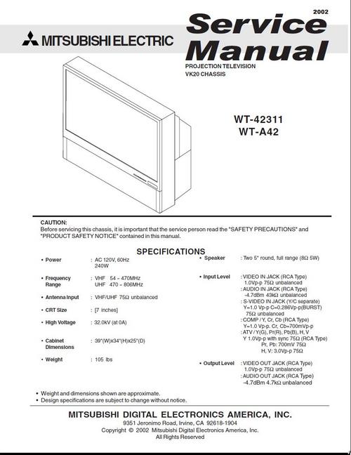 Product picture Mitsubishi WT-42311 & WT-A42 , Service Manual & Schematics