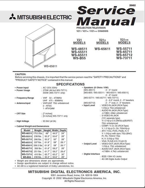 Product picture Mitsubishi  WS-65511 & WS-B55 , Service Manual & Schematics