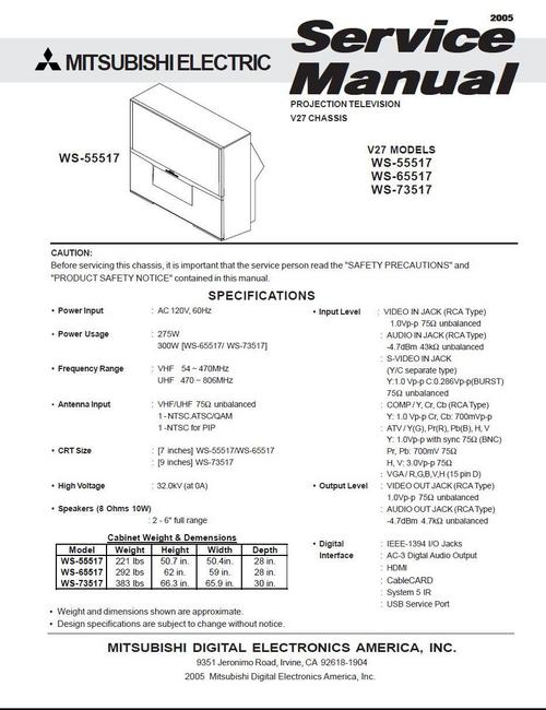 Product picture Mitsubishi WS-55517 , WS-65517 & WS-73517 , Service Manual