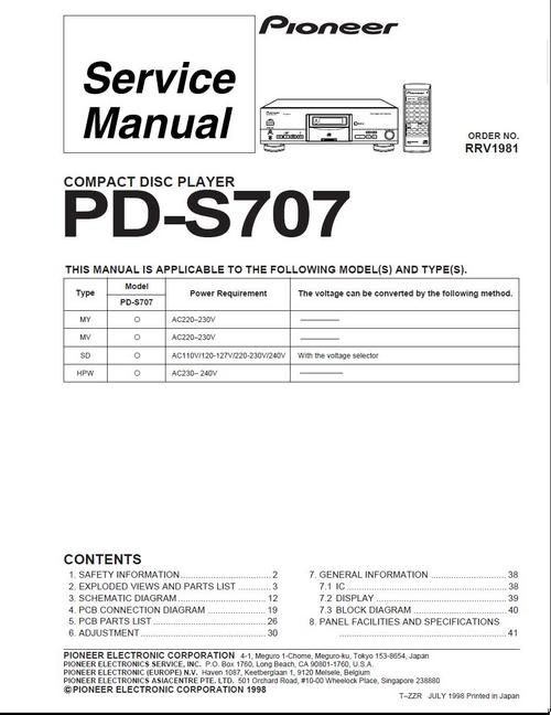 Product picture Pioneer PD-S-707  Original Service Manual