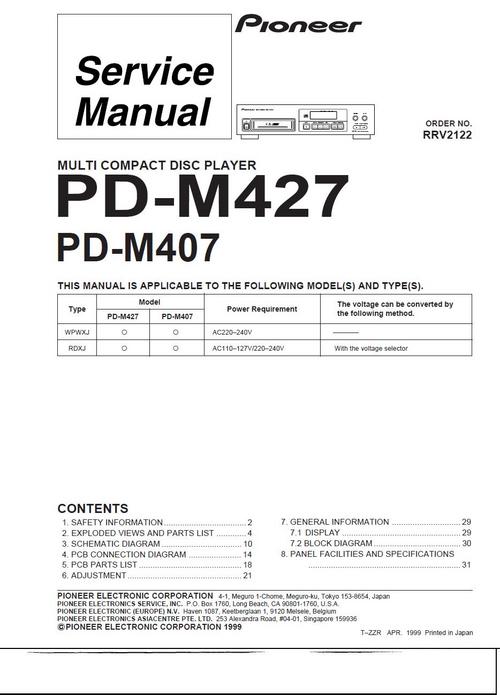 Product picture Pioneer  PD-M407 & PD-M-427 Original Service Manual