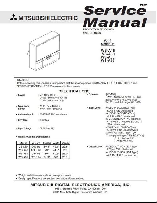 Product picture Mitsubishi WS-A48 , VS-A50 , WS-A55 & WS-A65 Service Manual