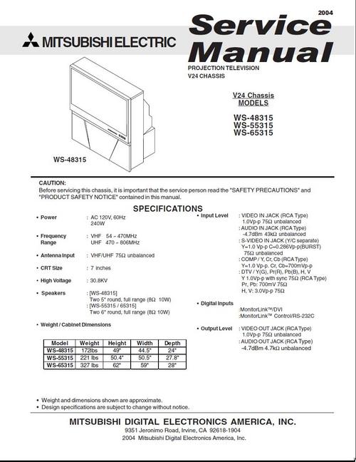 Product picture Mitsubishi WS-48315 , WS-55315 & WS-65315 TV Service Manual