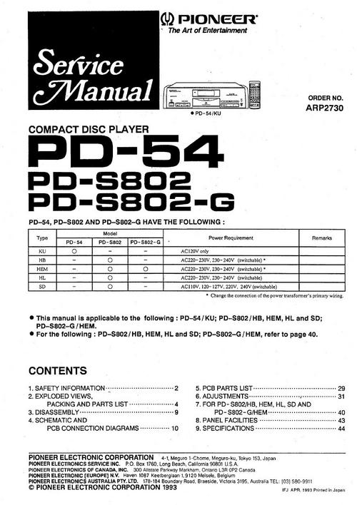 Product picture Pioneer PD-S802 , & PD-54 Original Service Manual