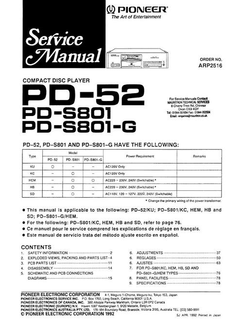 Product picture Pioneer PD-S-801 & PD-52 Original Service Manual