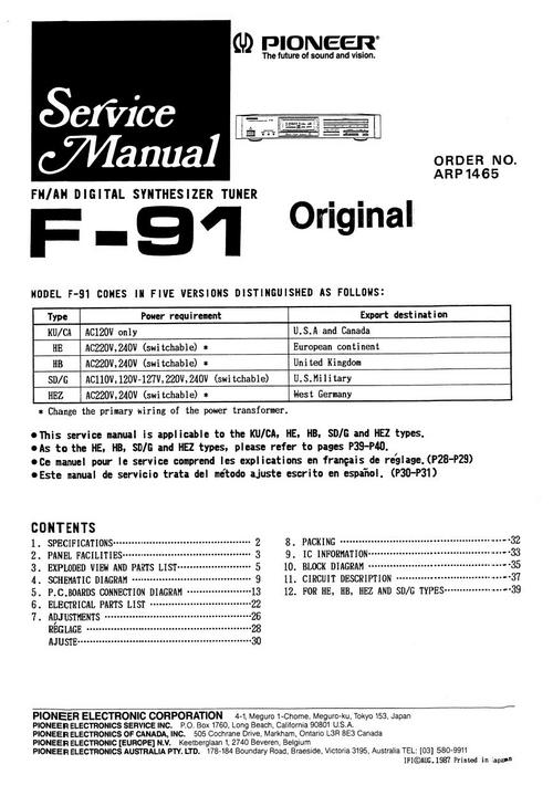 Product picture Pioneer F-91 Tuner , Original Service Manual