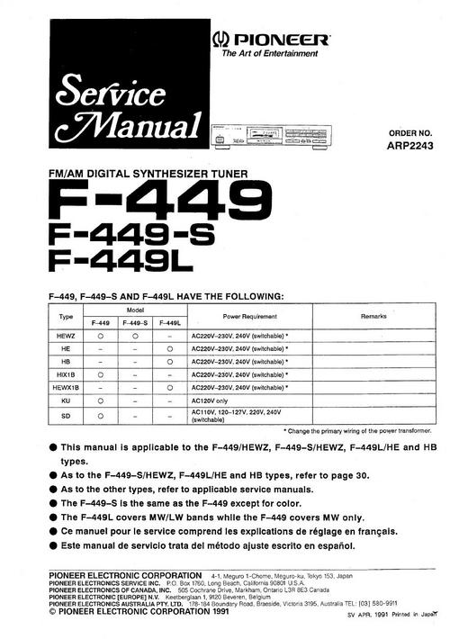 Product picture Pioneer F-449 Tuner , Original Service Manual