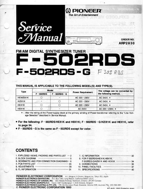 Product picture Pioneer F-502-RDS  Tuner , Original Service Manual