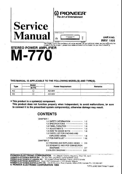 Product picture Pioneer M-770 Power Amplifier , Original Service Manual