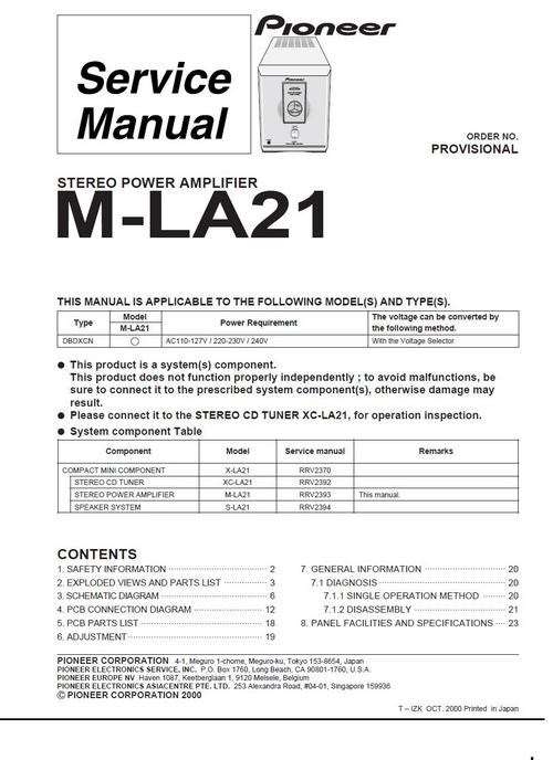 Product picture Pioneer M-LA21 Power Amplifier , Original Service Manual