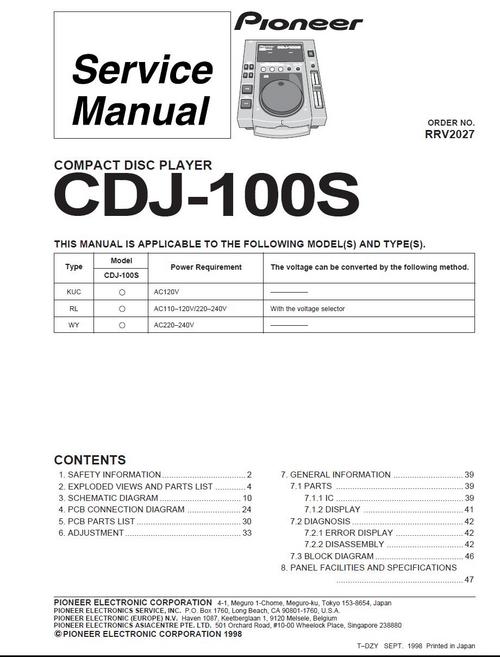 Product picture Pioneer CDJ-100-S  , Original Service Manual