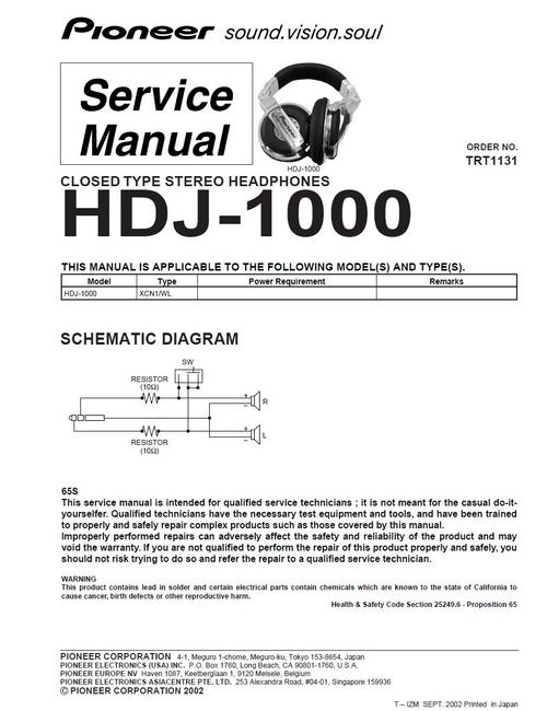 Product picture Pioneer HDJ-1000 Headphones  , Original Service Manual