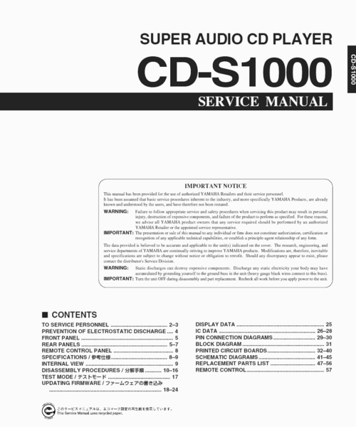 Product picture Yamaha  CD-S-1000 Cd-player , Original Service Manual