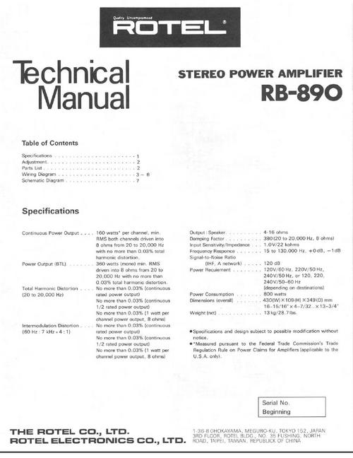 Product picture Rotel RB-890 Power Amplifier  Service - Technical Manual