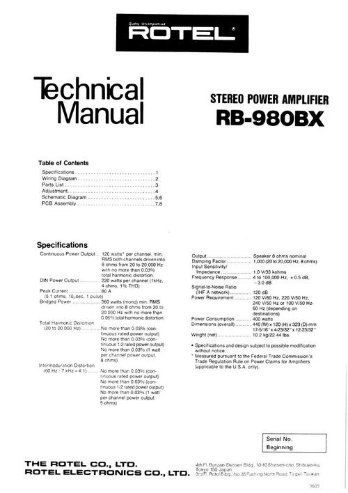 Product picture Rotel RB-980-BX Power Amplifier  Service - Technical Manual