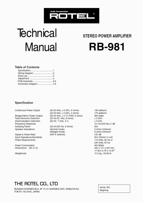 Product picture Rotel RB-981 Power Amplifier  Service - Technical Manual