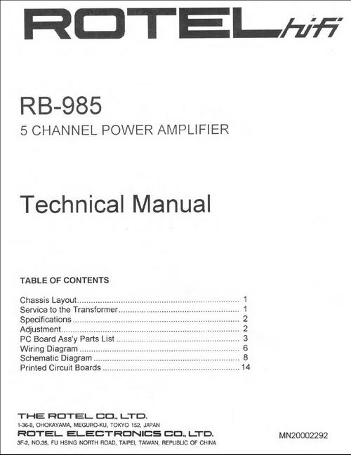 Product picture Rotel RB-985 Power Amplifier  Service - Technical Manual