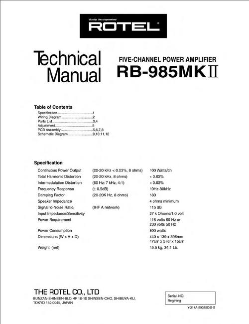 Product picture Rotel RB-985 mk2 Power Amplifier  Service - Technical Manual