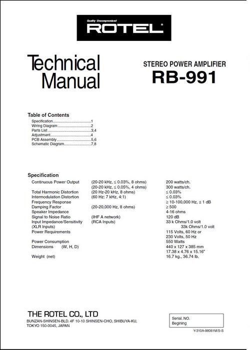 Product picture Rotel RB-991 Power Amplifier  Service - Technical Manual