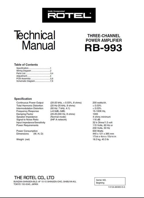 Product picture Rotel RB-993 Power Amplifier  Service - Technical Manual
