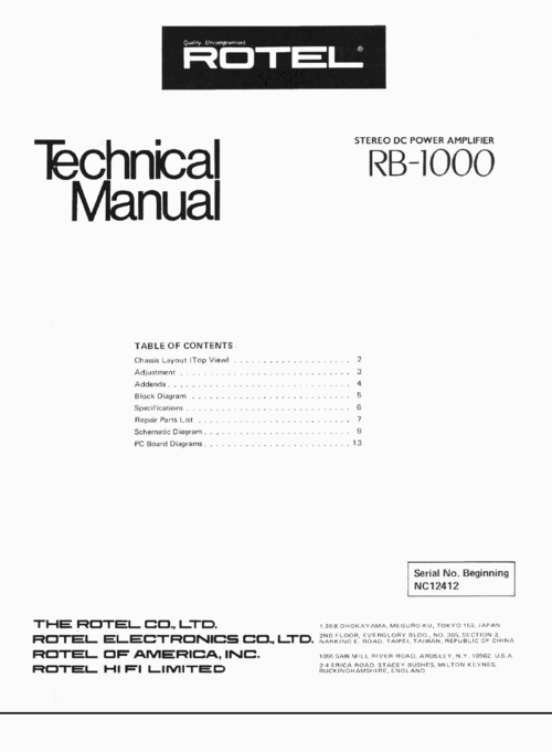 Product picture Rotel RB-1000 Power Amplifier  Service - Technical Manual
