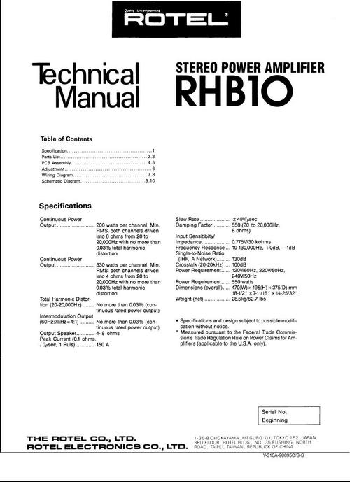 Product picture Rotel RHB-10 MICHI Power Amplifier  Service Technical Manual