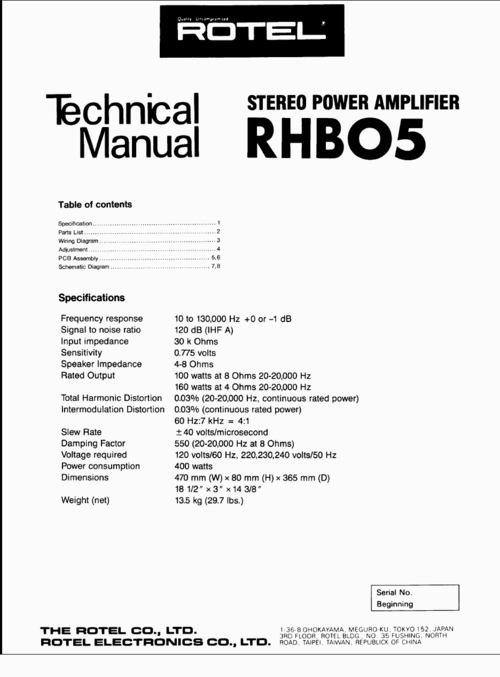 Product picture Rotel RHB-05 Michi Power Amplifier  Service Technical Manual