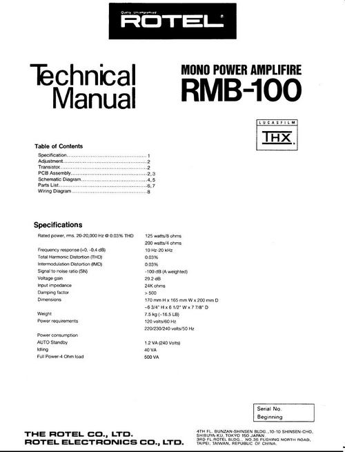 Product picture Rotel RMB-100  Power Amplifier Service Technical Manual