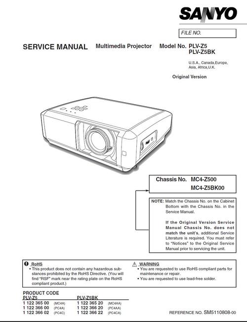 Product picture Sanyo PLV-Z-5 ,  Projector Original Service  Manual 