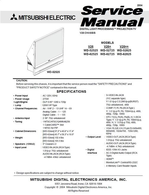 Product picture Mitsubishi WD-52525 , WD-62525 , V26 series , Service Manual